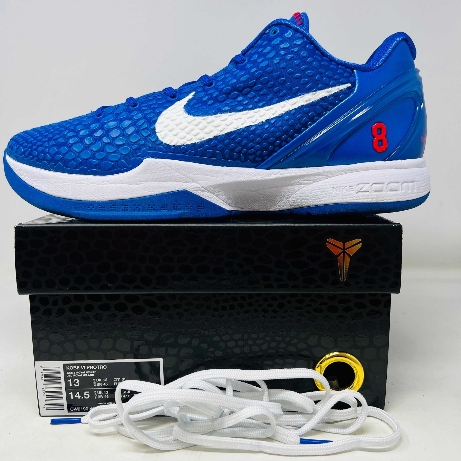 Nike Kobe 6 Protro Dodgers blue basketball shoe with white Nike swoosh and extra white laces on black box.