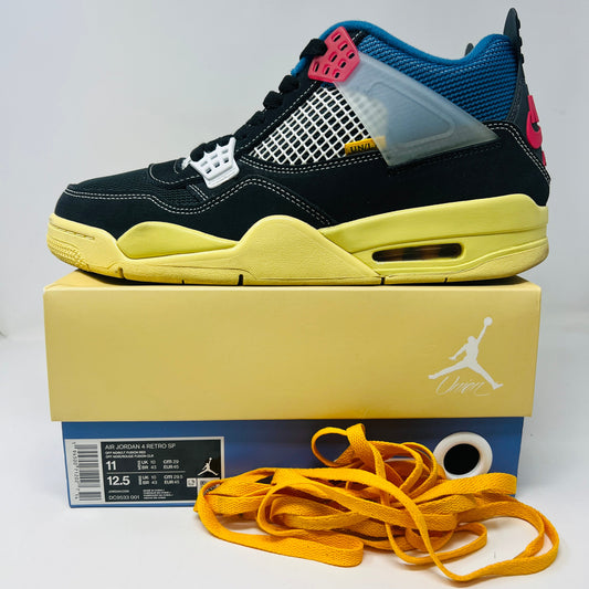 Jordan 4 Retro Union Off Noir sneakers with yellow laces on a box, condition 8.5/10, year 2020.