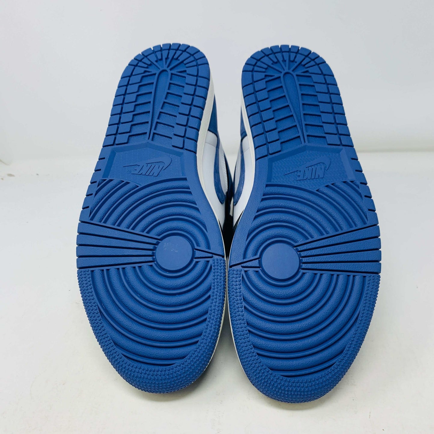 Jordan 1 High Blue Moon sneakers with blue soles, brand new condition, extra blue laces, 2018 release.