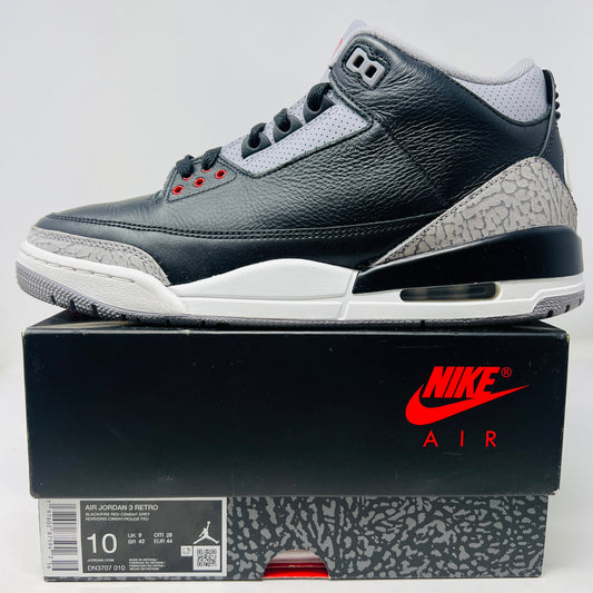 Jordan 3 Retro OG Black Cement 2024 sneaker with clean upper and light wear, displayed on Nike Air box.