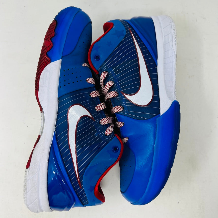 A Nike Kobe 4 Protro Philly (2024) sneaker, blue with red accents and a white swoosh, sits on a black Nike box in excellent condition. Perfect for general wear, it features pinstripes and ZOOMAIR on a white sole. The box shows size and model details.