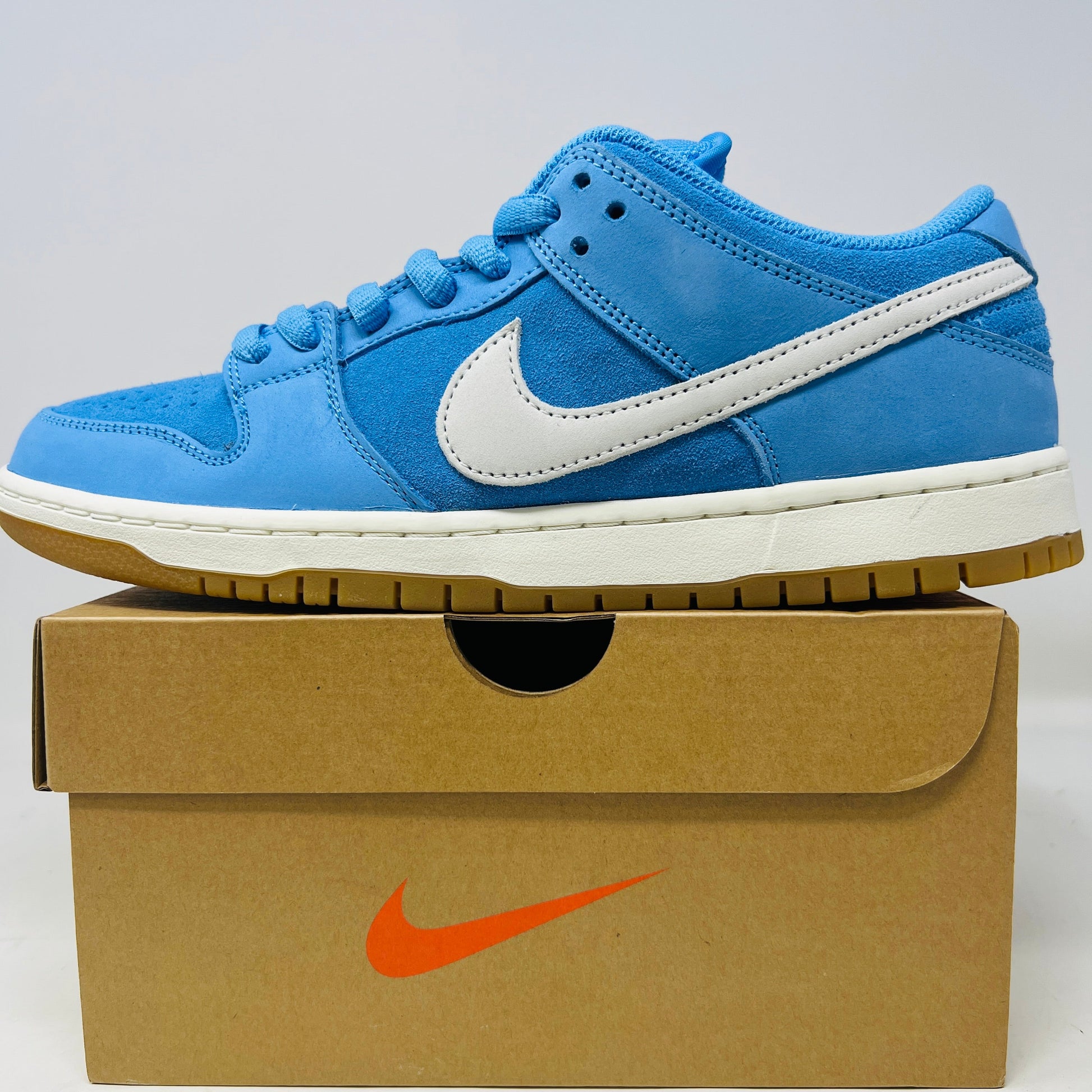 Nike SB Dunk Low Pro University Blue Gum, brand new condition with white laces, 2025 release.