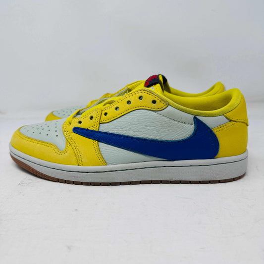 Jordan 1 Retro Low OG SP Travis Scott women's sneakers in canary yellow with blue swoosh and light wear soles 2024