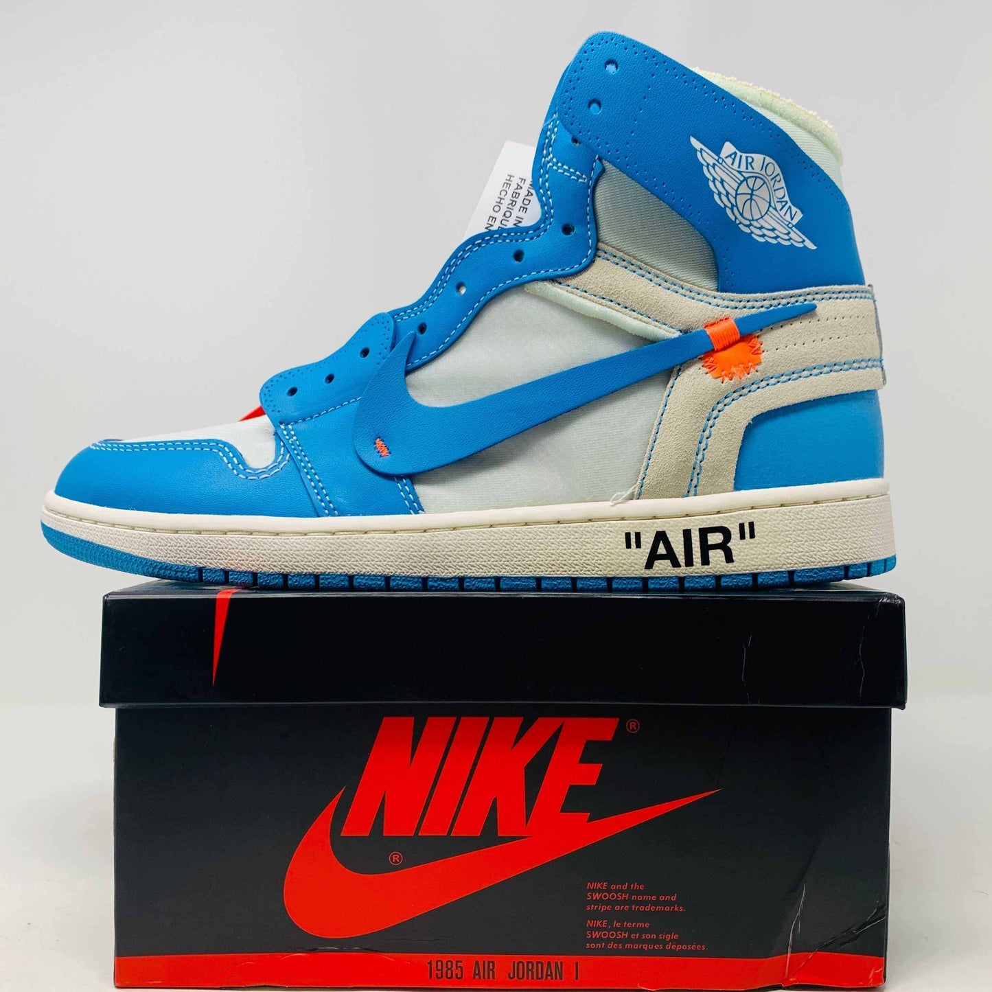 Brand new 2018 Jordan 1 UNC Off White sneakers with extra laces and ziptie in good box condition