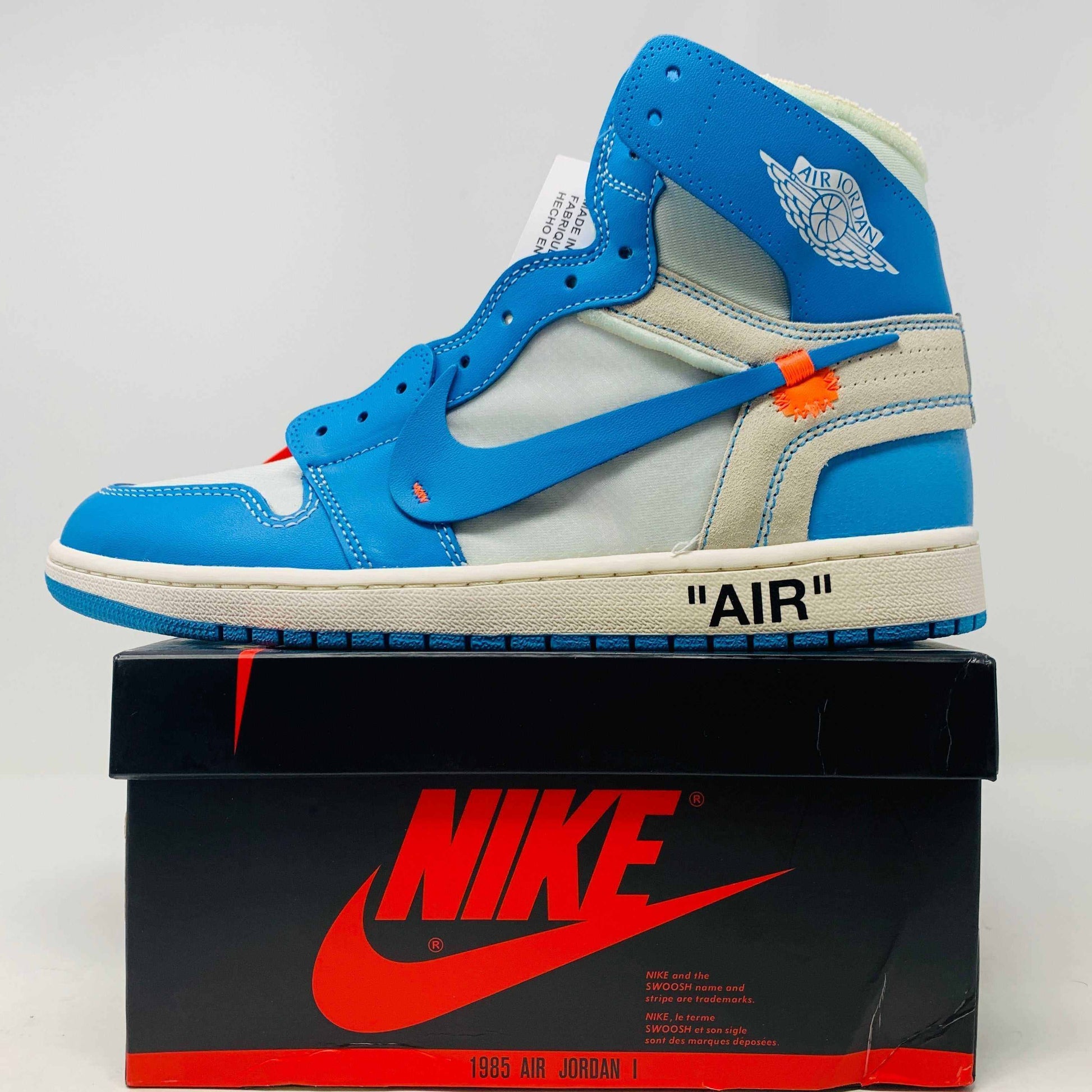 Brand new 2018 Jordan 1 UNC Off White sneakers with extra laces and ziptie in good box condition