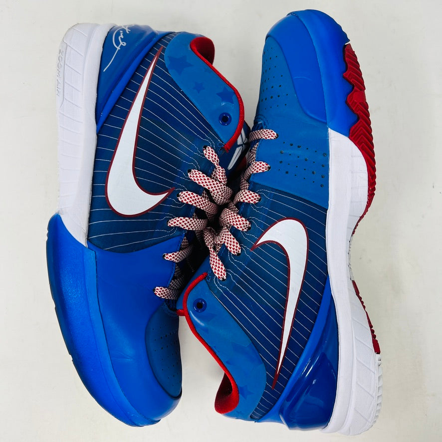 A Nike Kobe 4 Protro Philly (2024) sneaker, blue with red accents and a white swoosh, sits on a black Nike box in excellent condition. Perfect for general wear, it features pinstripes and ZOOMAIR on a white sole. The box shows size and model details.