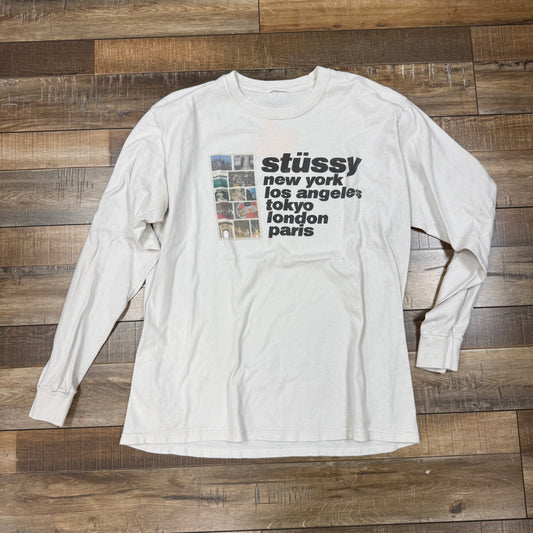 Stussy Italic Collage L/S Tee White