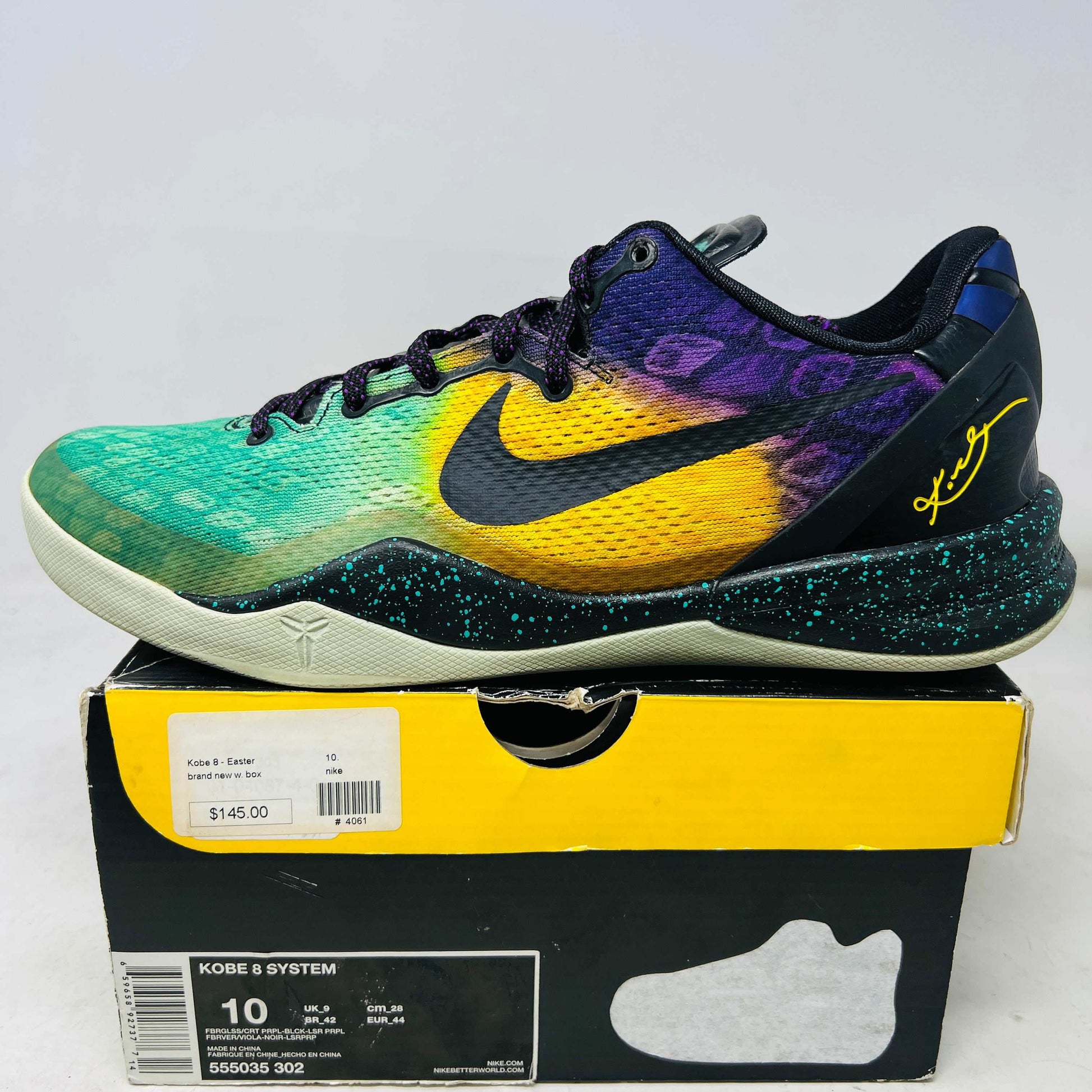 Nike Kobe 8 Easter basketball shoe in green, yellow, and purple on original box, size 10, 2013 model