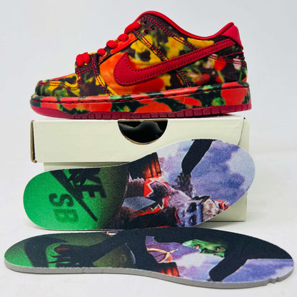 Nike SB Dunk Low The Wizard of Oz Poppy Field sneakers with red and green colorway, poppy flower graphic, suede and leather upper.
