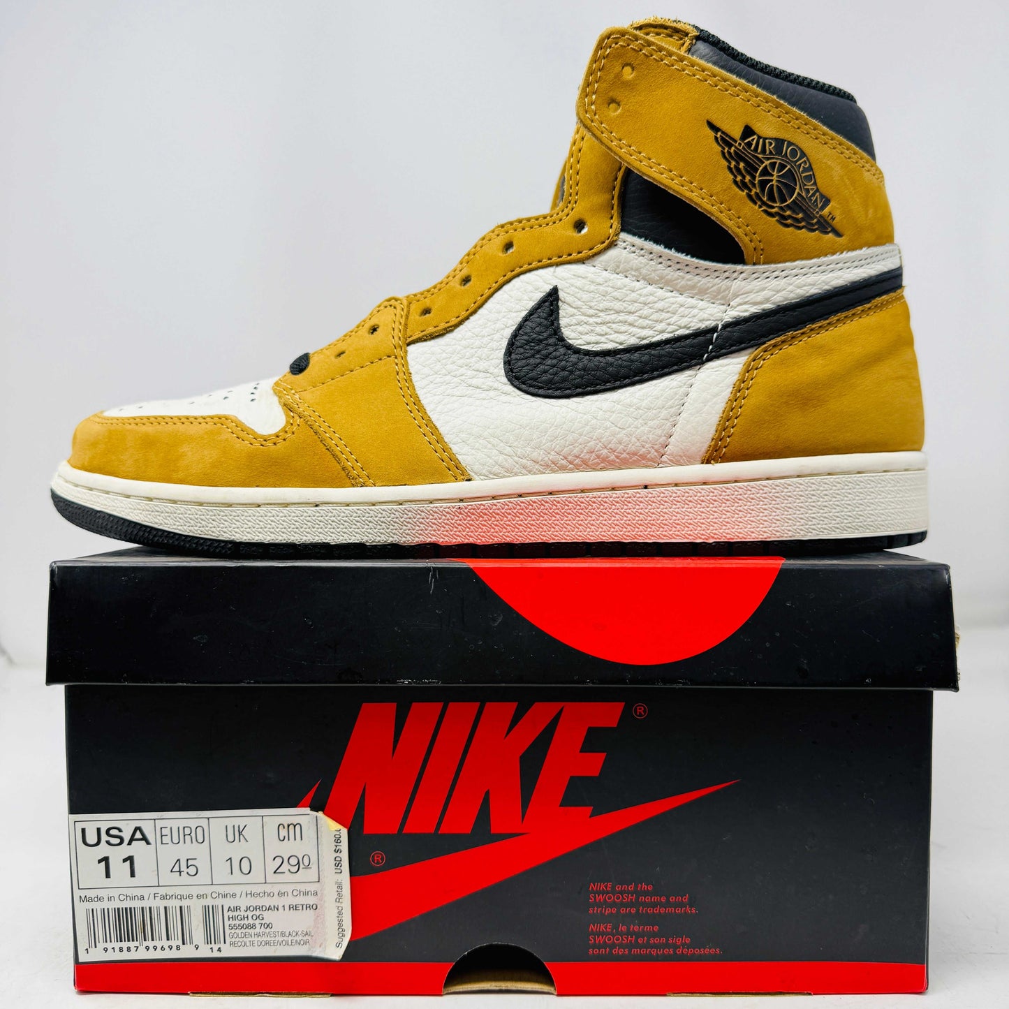 Jordan 1 Retro High Rookie of the Year sneaker in yellow, black, and white on Nike box, size 11, 2018 model