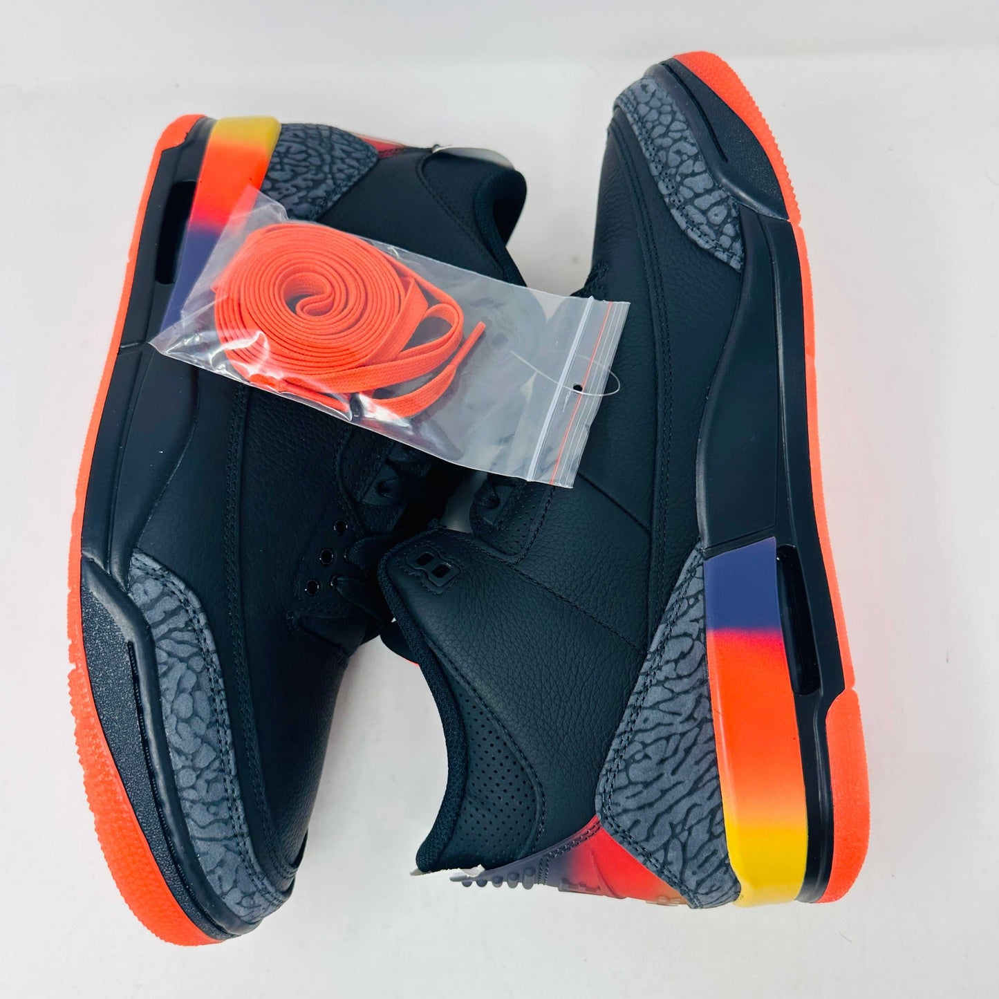 Jordan 3 Retro J Balvin Rio sneakers with orange laces and hang tag, brand new, 2024 edition.