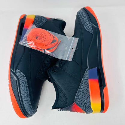 Jordan 3 Retro J Balvin Rio sneakers with orange laces and hang tag, brand new, 2024 edition.