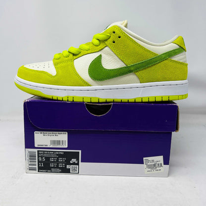 Nike SB Dunk Low Green Apple sneaker on purple box, brand new 2022 release