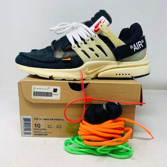 Nike Air Presto Off-White sneakers on box with extra laces, size 10, 2017 model.