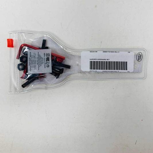 A transparent package of Supreme x Hardies Hardware Set Multicolor contains bolts, nuts, and washers. The label reads Supreme with a barcode and is sealed with a distinctive red seal, ensuring trusted quality.