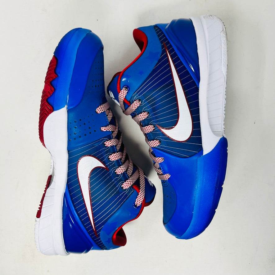 The Nike Kobe 4 Protro Philly (2024), a blue basketball shoe with red and white accents, is displayed on a black shoebox. This authentic piece features a white swoosh, red lining, and size 6.5 tag—ideal for collectors hunting lightly worn treasures for the 2024 courts.