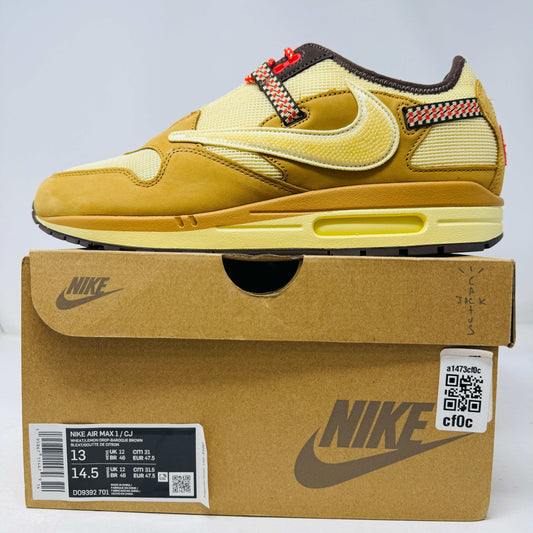 Nike Air Max 1 Travis Scott Cactus Jack Wheat Lemon Drop sneaker on box, yellow and brown colorway, size 13, brand new 2022 model