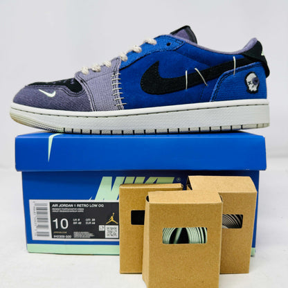 Jordan 1 Retro Low OG Zion Williamson Voodoo Alternate sneaker with blue and black colors on Nike box with extra laces.