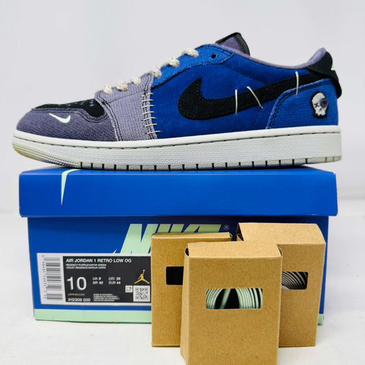 Jordan 1 Retro Low OG Zion Williamson Voodoo Alternate sneaker with blue and black colors on Nike box with extra laces.