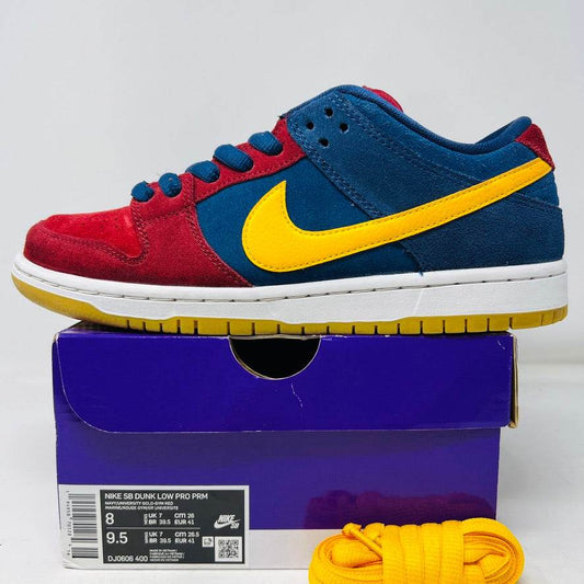 Nike SB Dunk Low Barcelona sneakers with clean uppers, wear on soles, extra laces, 2021 model.
