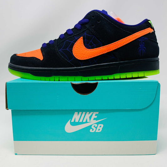 Nike SB Dunk Low Night of Mischief Halloween sneakers on box, brand new condition.