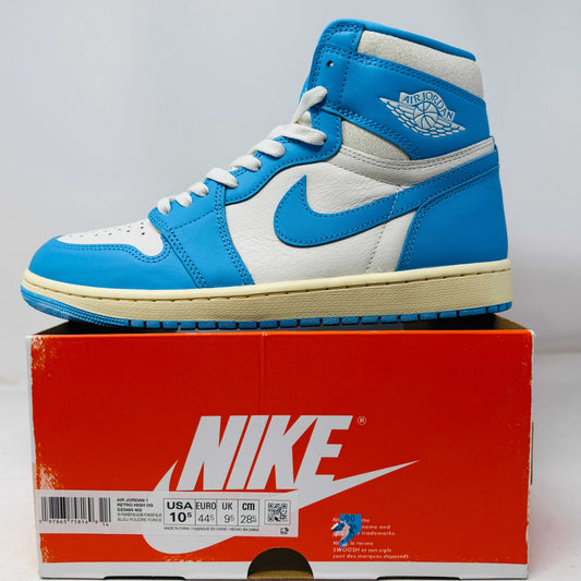 Jordan 1 Retro High OG UNC Reimagined sneaker side view on orange Nike box, blue and white leather upper, 2025 release