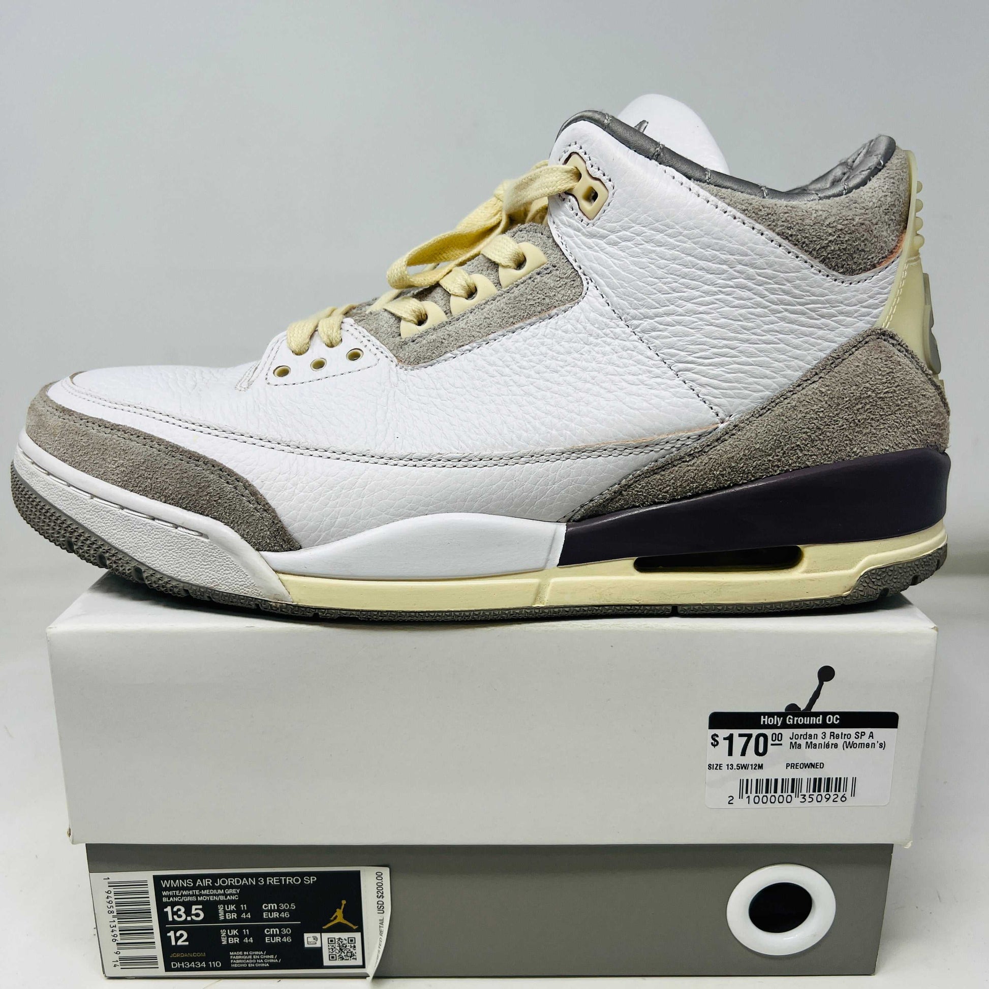 Women's Jordan 3 Retro SP A Ma Maniére sneaker in white and grey on box, size 13.5, 2021 edition