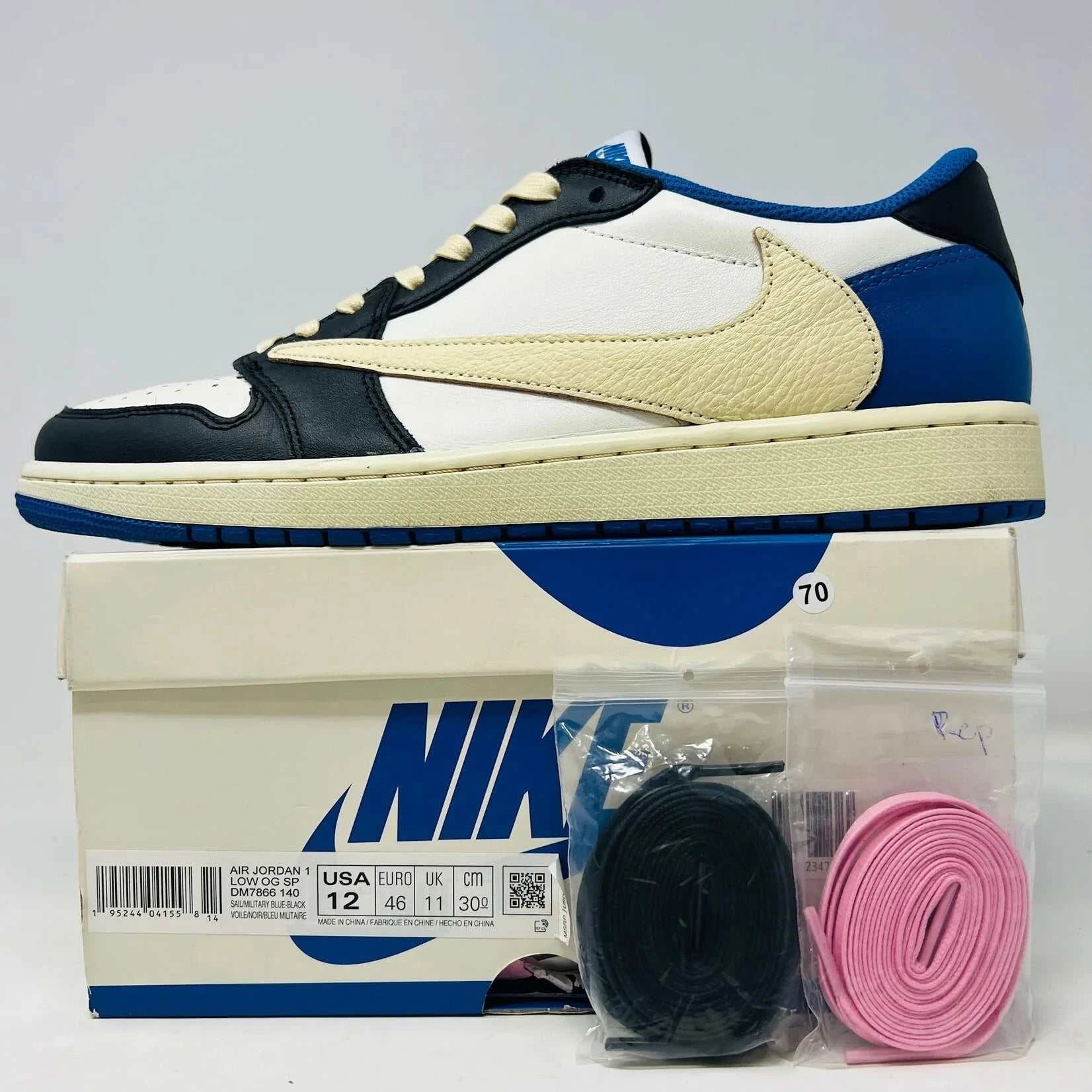 Jordan 1 Retro Low OG SP Fragment x Travis Scott with extra laces and box, 2021 release.