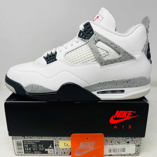 Jordan 4 Retro White Cement 2025 sneaker with clean uppers and light wear on Nike Air box