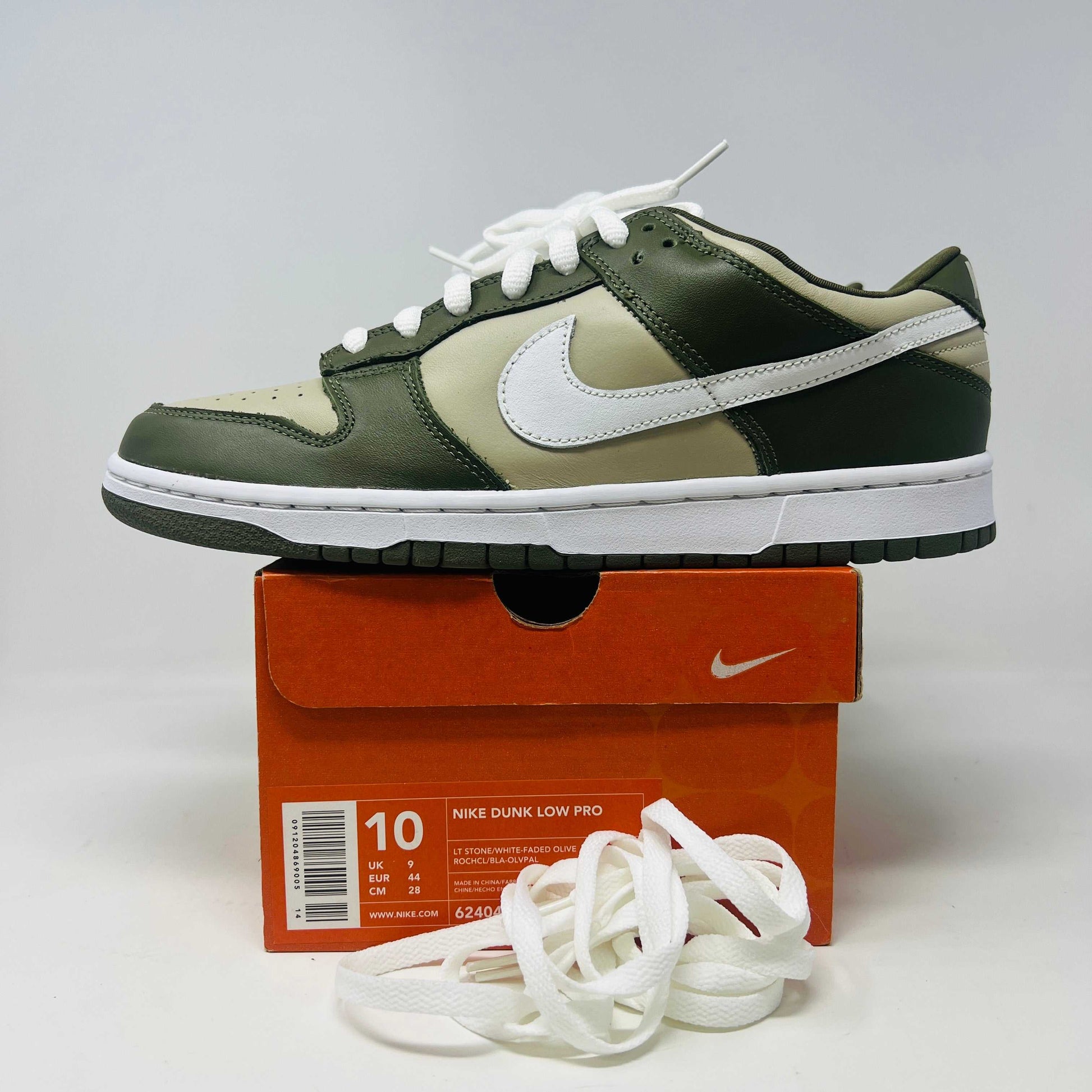 Nike Dunk Pro B Low Light Stone Olive sneakers, brand new with minor creasing, extra laces included, 2002 release.