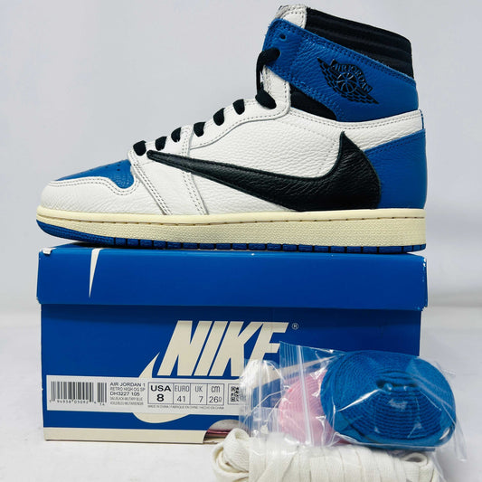 Jordan 1 Retro High OG SP Fragment x Travis Scott sneaker on Nike box with extra laces, white black blue colorway, 2021 release