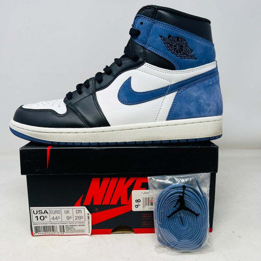 Jordan 1 Retro High Blue Moon sneaker with clean uppers and general wear, displayed on Nike box with extra blue laces.