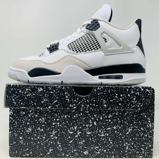 Jordan 4 Military Black sneakers, brand new, on speckled box, 2021 release.