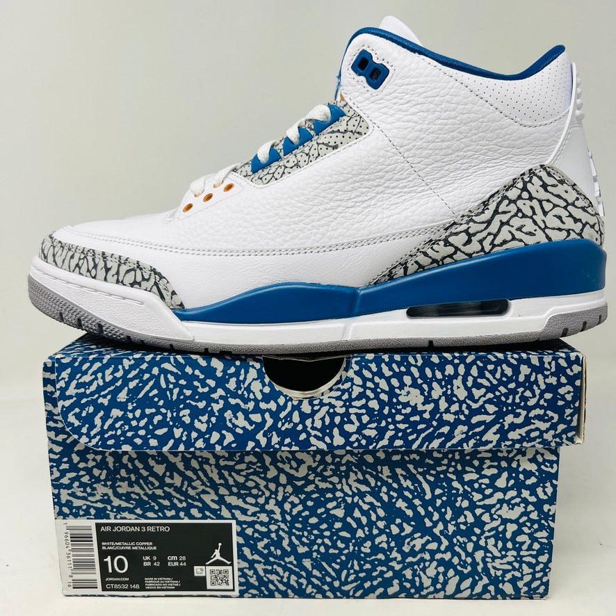 Jordan 3 Retro Wizards sneaker on box, minor wear, 2023 model.