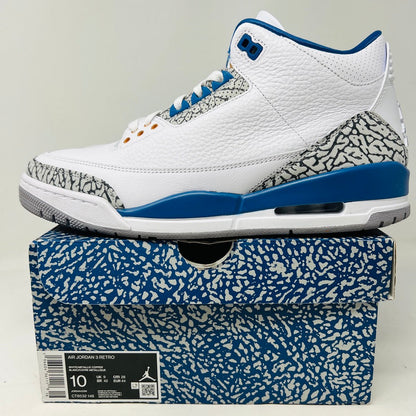 Jordan 3 Retro Wizards sneaker on box, minor wear, 2023 model.