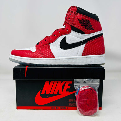 Jordan 1 Retro High Spider-Man Origin Story sneaker red white black on Nike box with extra laces