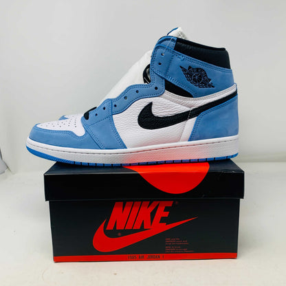 Jordan 1 University Blue sneakers brand new with extra blue laces, displayed on Nike box.