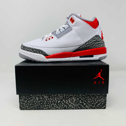 Jordan 3 Retro Fire Red 2022 GS sneaker, brand new condition, displayed on a box.