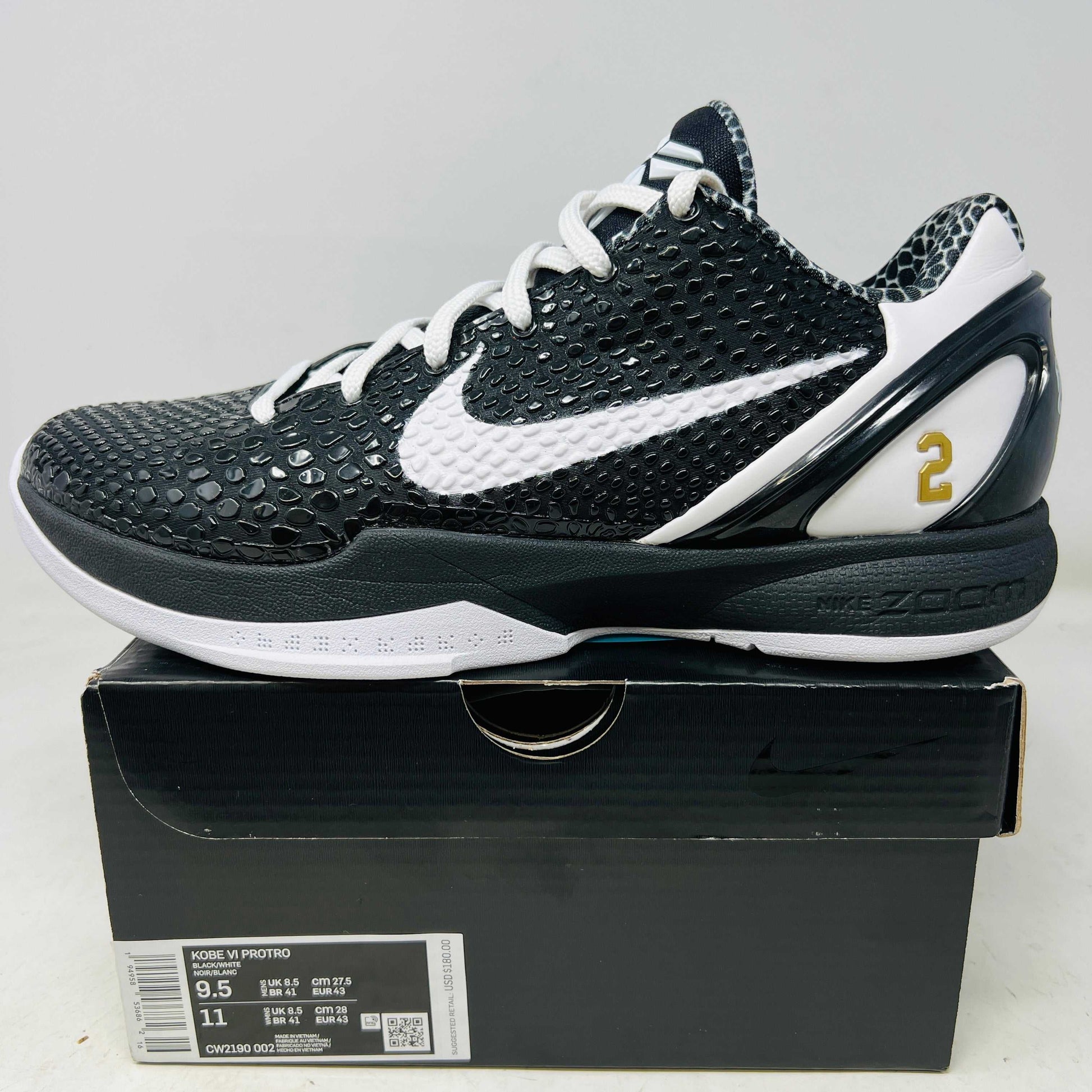 Nike Kobe 6 Protro Mambacita Sweet 16 black white basketball shoe on box