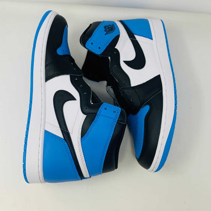 Jordan 1 High UNC Toe sneakers with blue and white design, premium leather, Nike swoosh.
