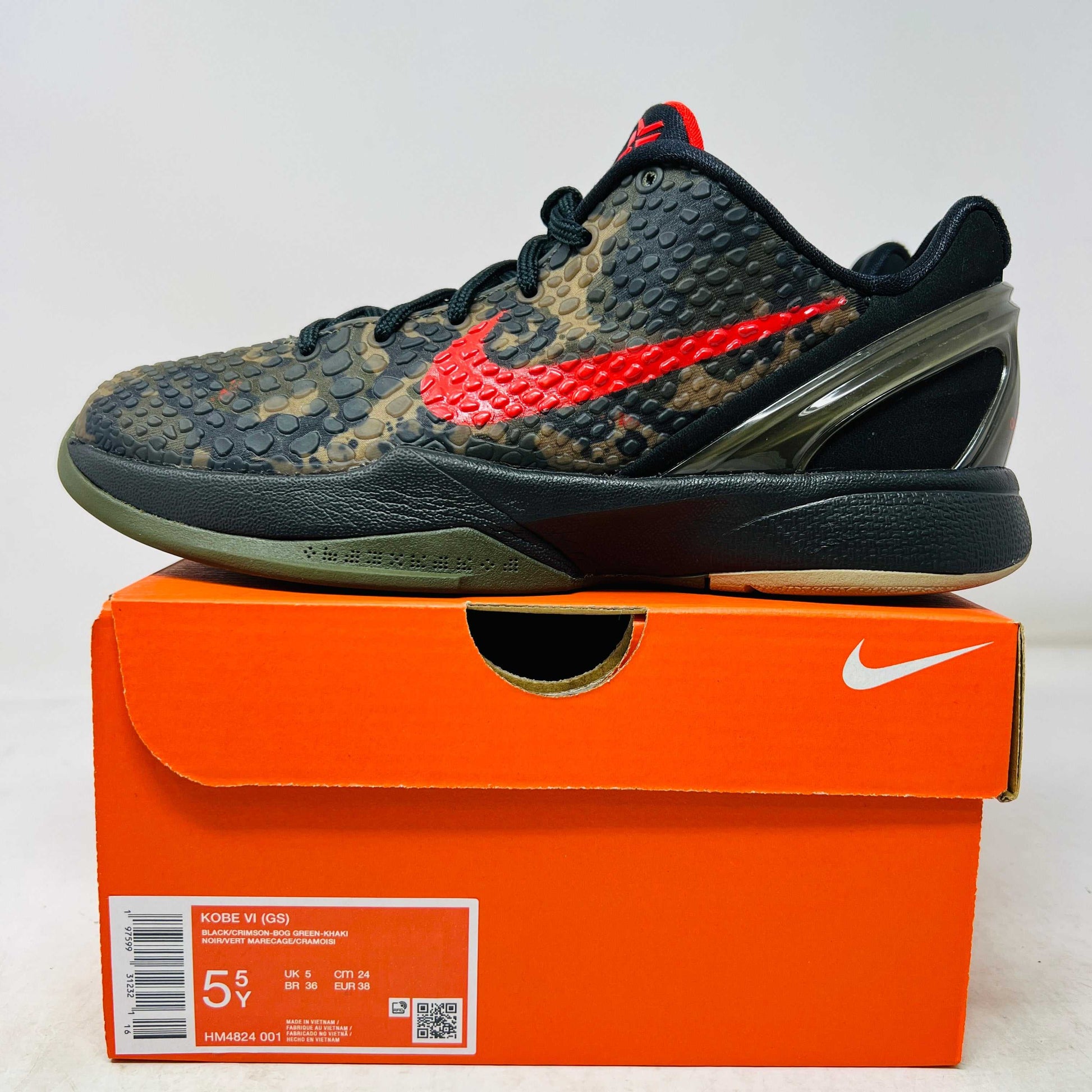 Nike Kobe 6 Protro Italian Camo (2024) (GS) sneakers with camo design on orange box.
