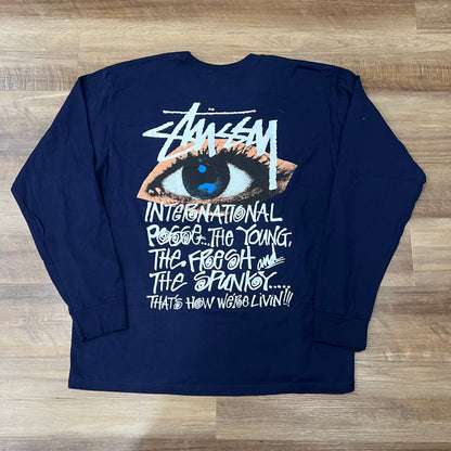 Stussy Ocular long sleeve black T-shirt with eye graphic and white text design on back