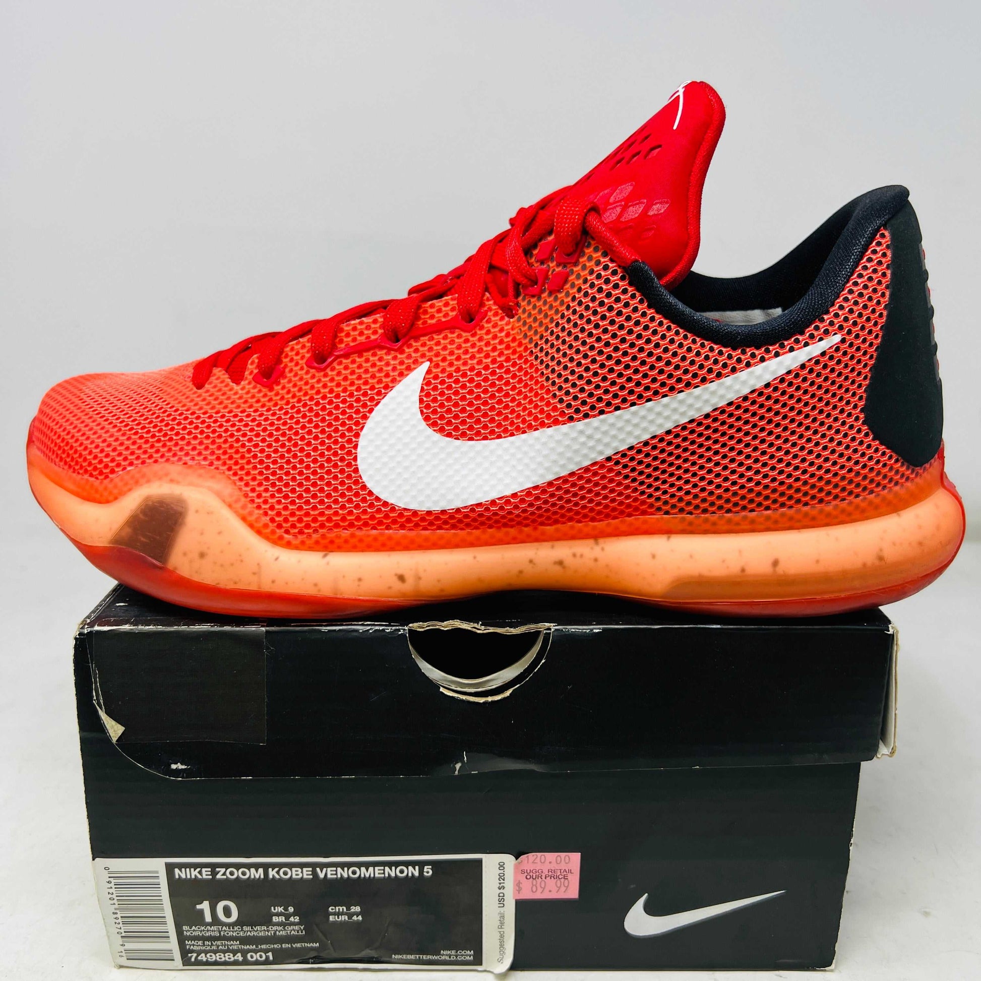 Nike Kobe 10 Hot Lava basketball shoe in red with white swoosh on box from 2015, condition 8.5/10.