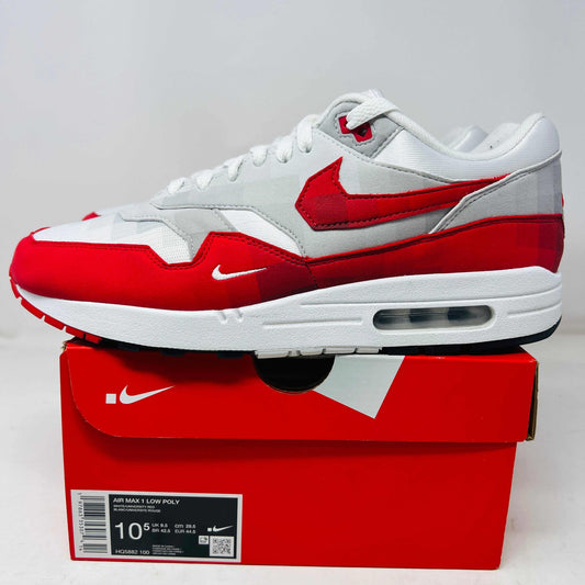 Nike Air Max 1 .SWOOSH Low Poly sneaker in white and red on box, clean uppers, 2024 model