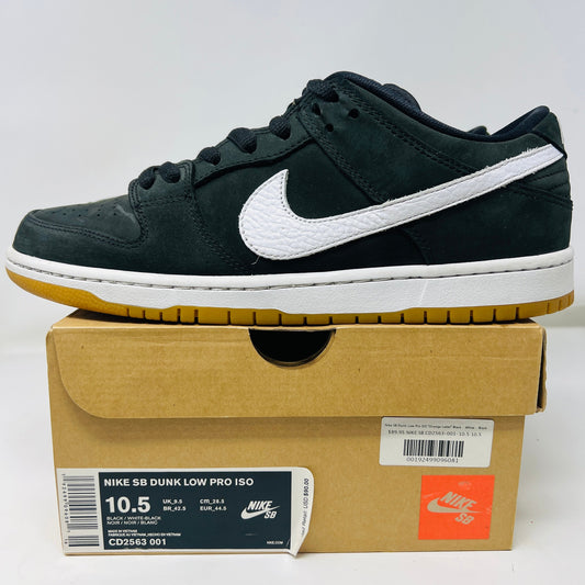 Nike SB Dunk Low Orange Label sneakers in black and white with gum sole, 2019 model.