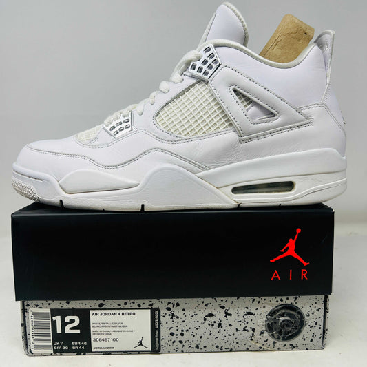 White Jordan 4 Retro Pure Money 2017 sneaker side view on box with red Jumpman logo