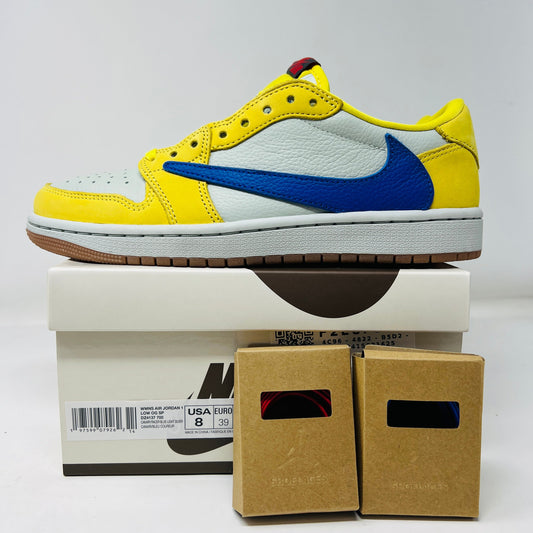 Jordan 1 Retro Low OG SP Travis Scott Canary Women's sneakers with yellow and blue design, worn once, good box condition, includes red and blue laces, 2023 model.