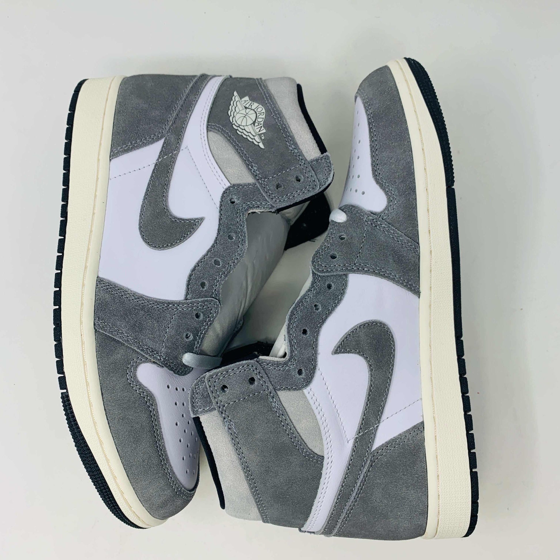 Jordan 1 Washed Black sneakers, brand new with black laces, 2023 edition.