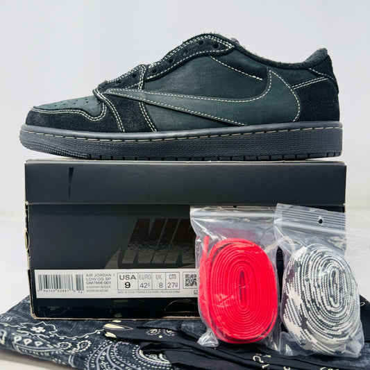 Jordan 1 Retro Low OG SP Travis Scott Black Phantom sneaker with extra laces and original box