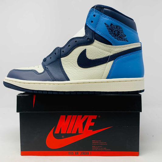 Jordan 1 Obsidian sneakers, brand new, displayed on Nike box with blue and white colorway, 2019 release.